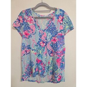 Lilly Pulitzer V Neck Tee Shirt Blue Pink Coral Floral Print Size Medium